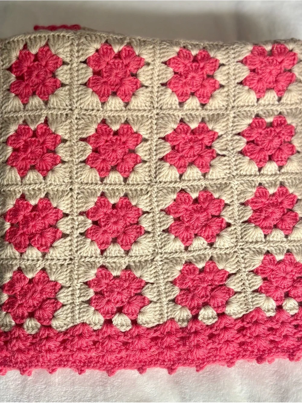Vintage 70s Boho Crocheted Pink Gray Floral Granny Square Afghan Throw